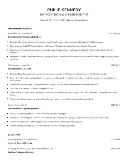 Environmental Engineer/Scientist Resume