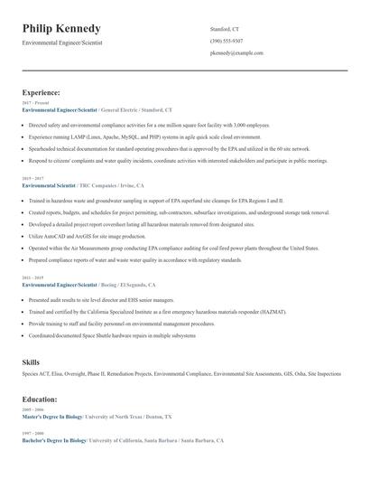 Environmental Engineer/Scientist Resume