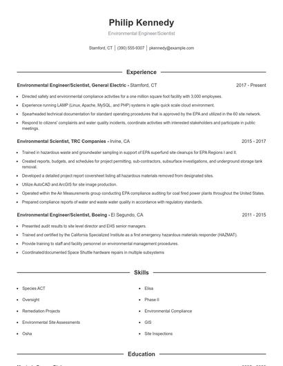 Environmental Engineer/Scientist Resume
