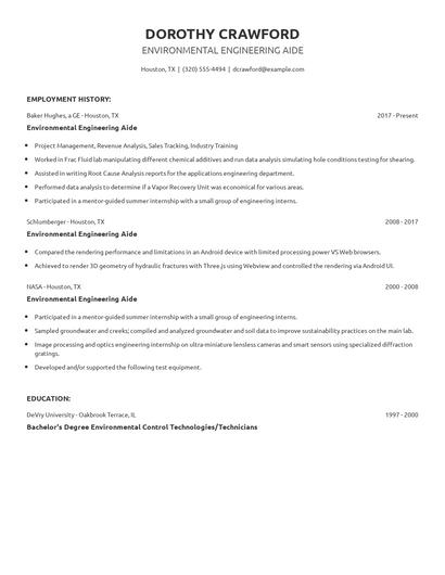 Environmental Engineering Aide Resume