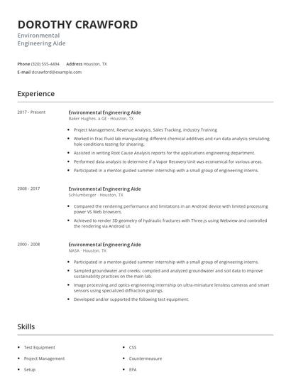Environmental Engineering Aide Resume