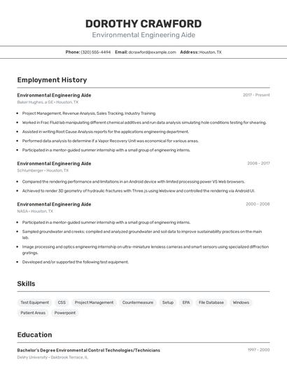 Environmental Engineering Aide Resume