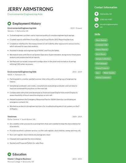 Environmental Engineering Aide Resume
