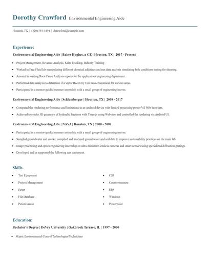 Environmental Engineering Aide Resume