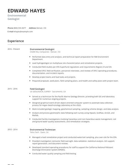 Environmental Geologist Resume