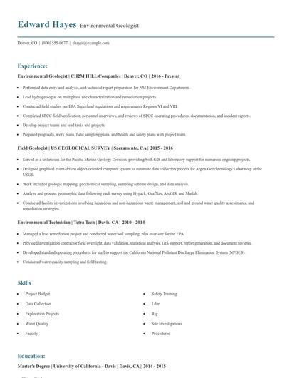 Environmental Geologist Resume