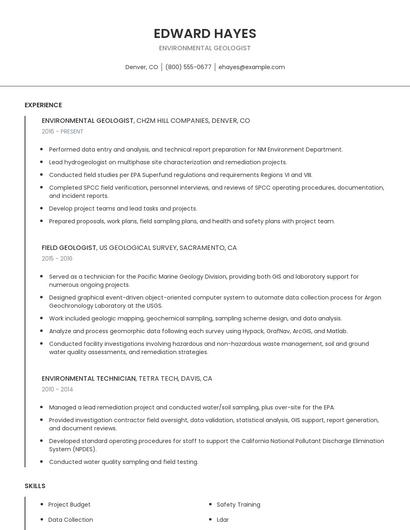 Environmental Geologist Resume