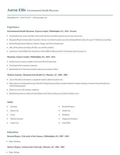 Environmental Health Physician Resume