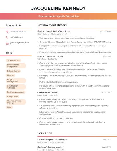 Environmental Health Technician Resume