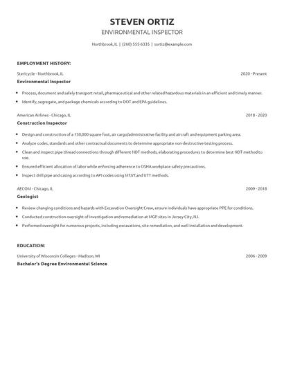Environmental Inspector Resume