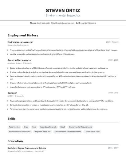 Environmental Inspector Resume