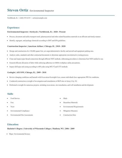 Environmental Inspector Resume