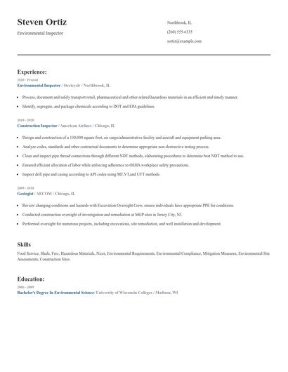 Environmental Inspector Resume