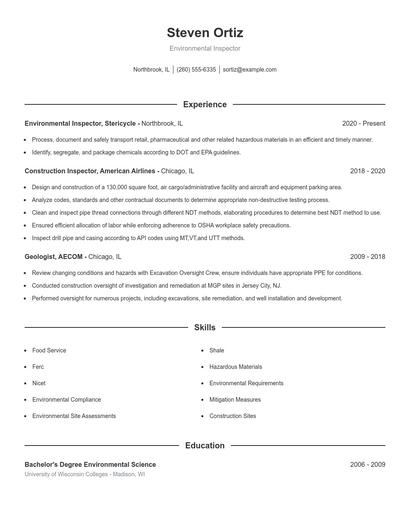 Environmental Inspector Resume