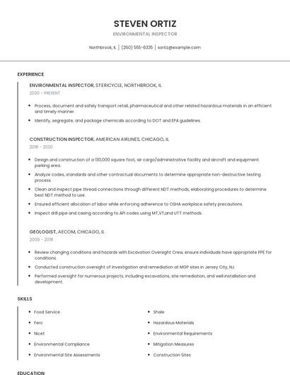 Environmental Inspector Resume