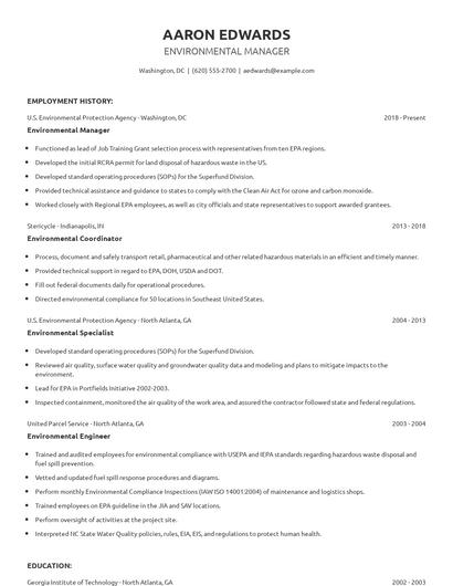 Environmental Manager Resume