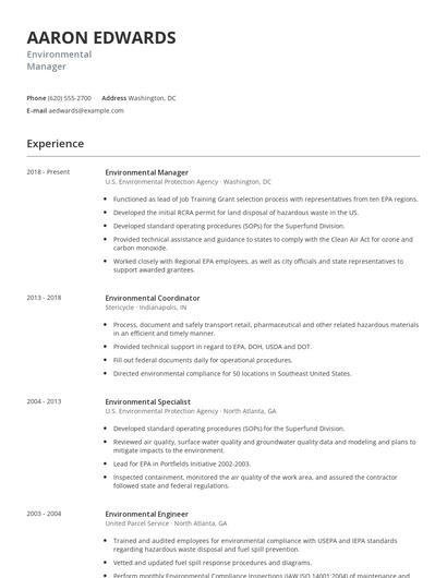 Environmental Manager Resume