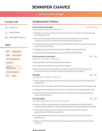 Environmental Manager Resume