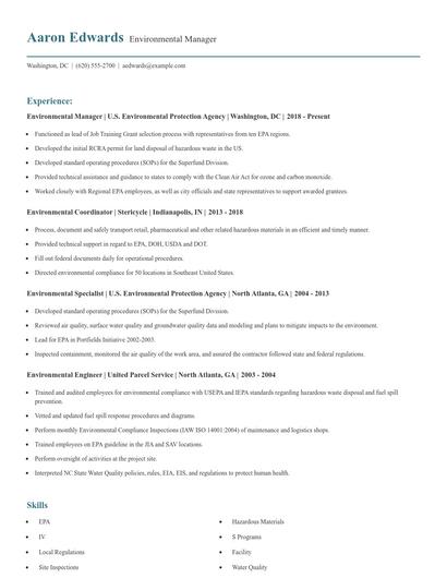 Environmental Manager Resume