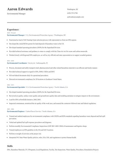 Environmental Manager Resume