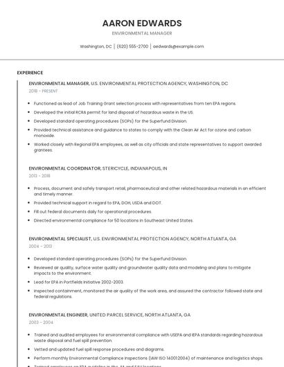Environmental Manager Resume