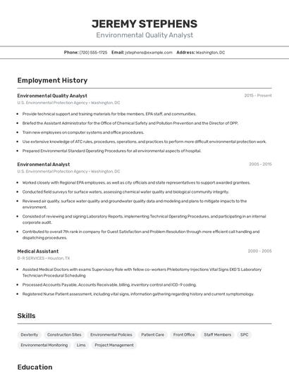 Environmental Quality Analyst Resume