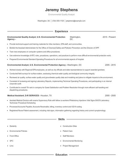 Environmental Quality Analyst Resume