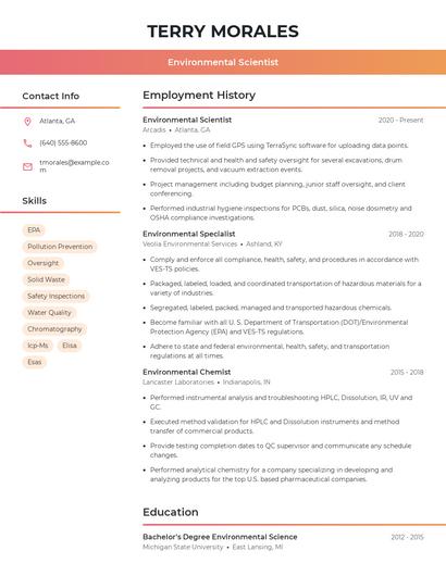 Environmental Scientist Resume