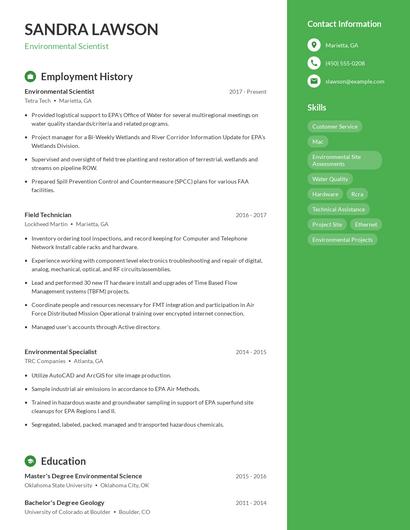 Environmental Scientist Resume