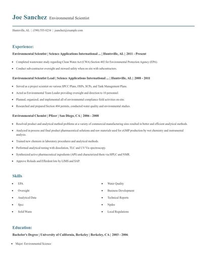 Environmental Scientist Resume