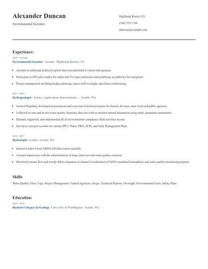 Environmental Scientist Resume