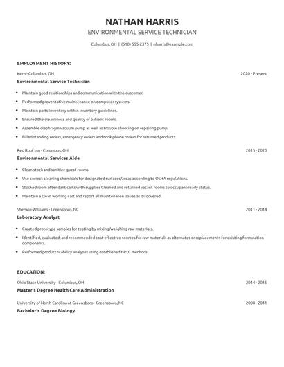 Environmental Service Technician Resume