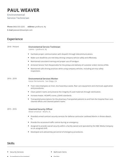 Environmental Service Technician Resume