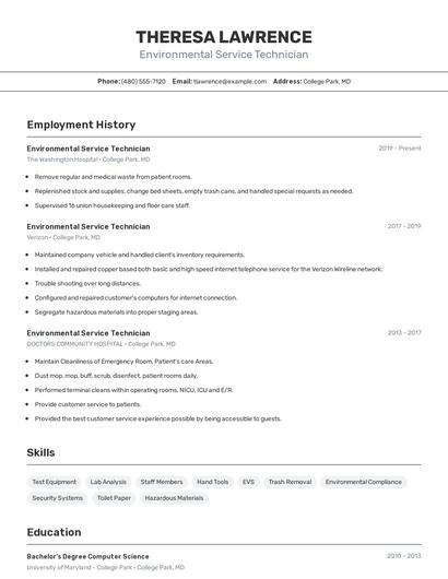 Environmental Service Technician Resume