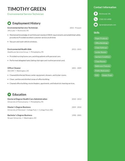 Environmental Service Technician Resume
