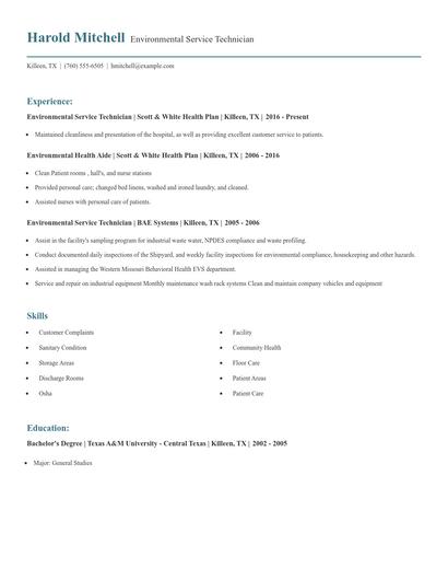 Environmental Service Technician Resume