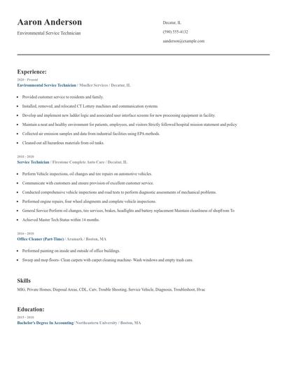 Environmental Service Technician Resume