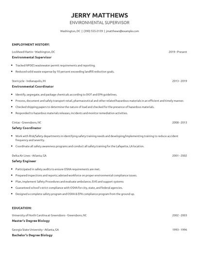Environmental Supervisor Resume