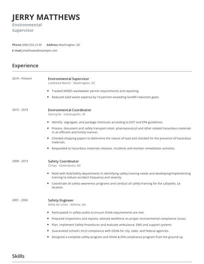 Environmental Supervisor Resume