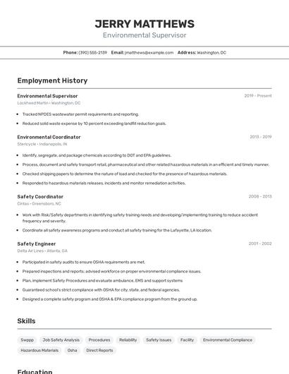 Environmental Supervisor Resume