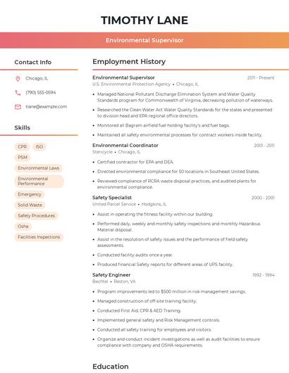 Environmental Supervisor Resume