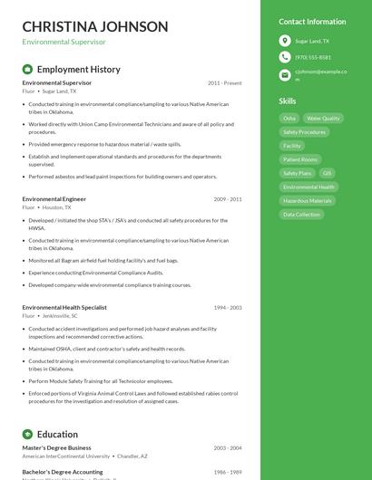 Environmental Supervisor Resume