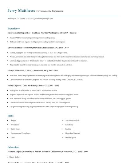 Environmental Supervisor Resume