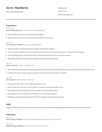 Environmental Supervisor Resume
