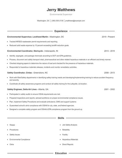 Environmental Supervisor Resume