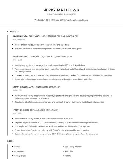 Environmental Supervisor Resume
