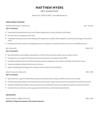 Epic Consultant Resume