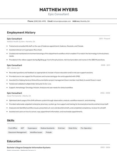 Epic Consultant Resume