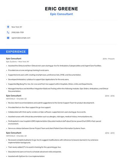 Epic Consultant Resume
