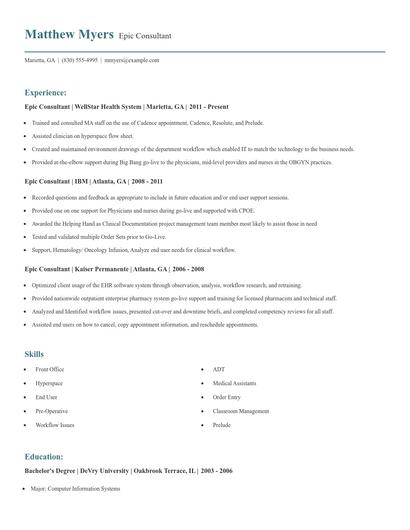 Epic Consultant Resume